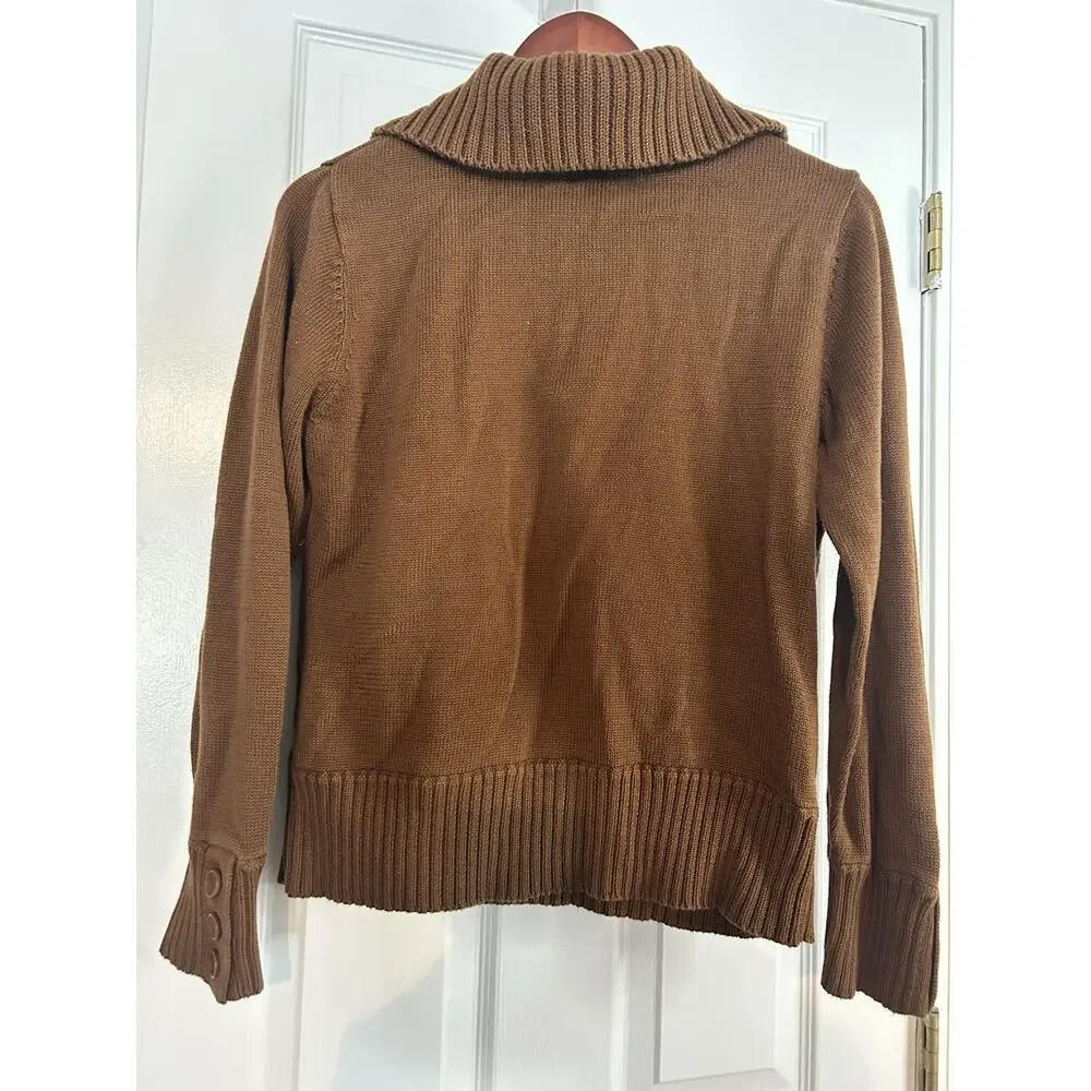 Talbots Womens LP Brown Mercerized Cotton 3 Button Mock Neck Sweater Petite
